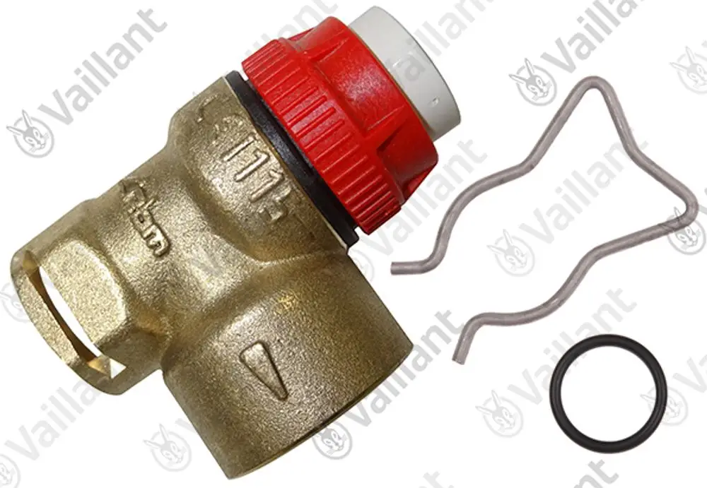 Vaillant Sicherheitsventil in Messing mit rotem Deckel, einem metallenen Sicherungsring und einer Dichtung. Das Ventil ist zur Verwendung in Heizungsanlagen bestimmt.